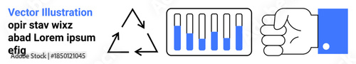 Recycling triangle, battery charge bars, blue fist. Ideal for sustainability, energy conservation, recycling, eco-awareness, environmental education, technology simple landing page