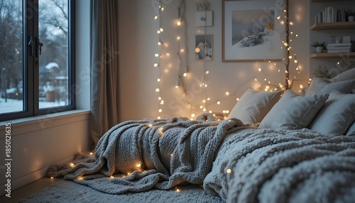 Minimal cozy corner in a modern apartment, textured throw blanket, delicate fairy lights, warm soft glow, 