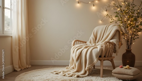 Cozy interior corner with a soft blanket draped over a chair, warm fairy lights glowing gently, neutral beige tones, soft ambient lighting,