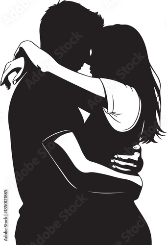 Silhouette of a loving couple embracing tightly in a romantic hug