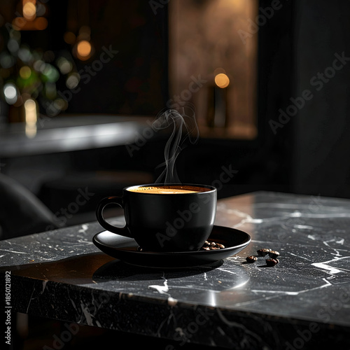 A Moment of Serenity: A steaming cup of coffee, the aroma rising, rests on a marble tabletop, in an indoor setting.