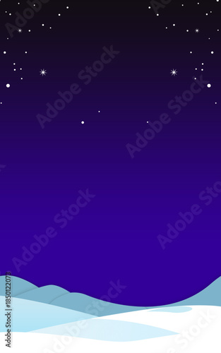 A serene winter night landscape illustration with rolling snowy hills under a deep purple and black starry sky.