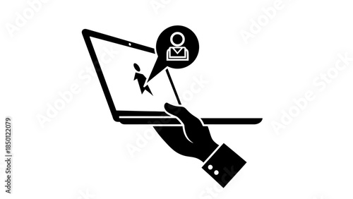 Hand holding laptop with user icon and message bubble.