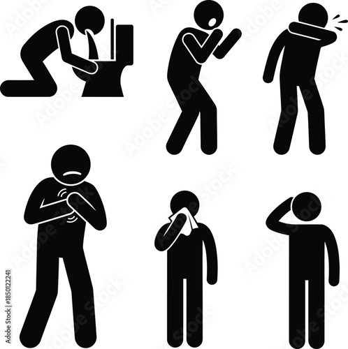 Sick person icons showing various symptoms like vomiting, coughing, sneezing, chest pain, fever, and headache