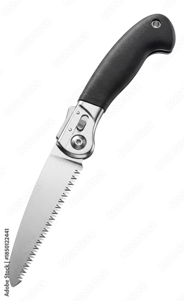 Obraz premium Compact folding saw with a serrated blade and secure locking for outdoor use.