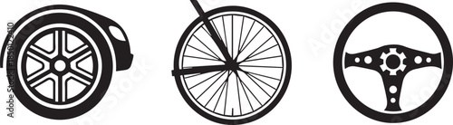 Three distinct circular transport icons car wheel bicycle wheel and steering wheel for automotive and travel themes