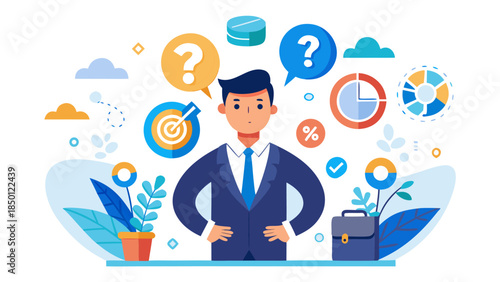 Professional businessman thinking with business growth and strategy icons floating around in a creative office environment