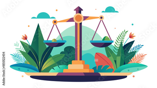 Balanced scales of justice with cannabis leaves on vibrant tropical background, legal and medical concept illustration