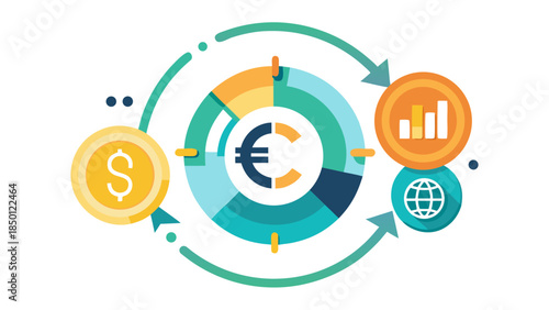Global finance and investment concept with currency symbols and business growth icons in circular flow