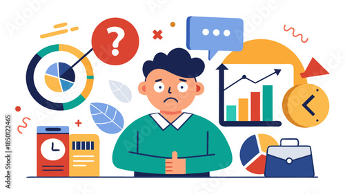 Confused businessman overwhelmed by financial data and time pressure in office setting