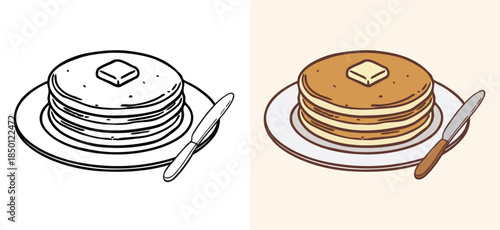 Vintage style hand drawn icon of a pancake stack with butter. Minimalist line art sketch of breakfast food for kitchen menus, brunch promotions, and healthy eating lifestyle designs.