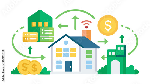 Smart home energy efficiency concept with renewable resources and financial growth illustration