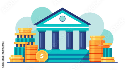 3d illustration of bank building with gold coins and stacks representing financial growth and wealth management