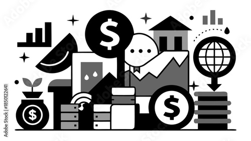 flat design business growth concept with piggy bank, money bag, and global investment icons on white background