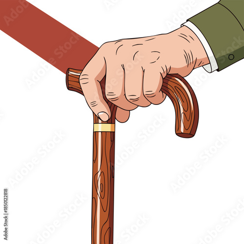 Elderly person's hand firmly grips a polished wooden cane, symbolizing support and mobility.