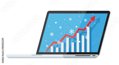 Flat design illustration of a laptop displaying a rising graph with red arrow, representing winter growth, with snowflakes and Christmas ornaments in the background