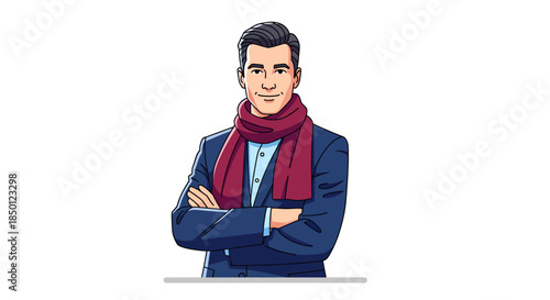 Stylish Flat Illustration of a Professional Man in a Warm Scarf, Ready for Winter Holiday Gatherings Amidst Subtle Christmas Ornament Inspirations
