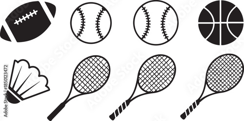 Collection of sports equipment silhouettes featuring balls rackets and shuttlecock for active lifestyle