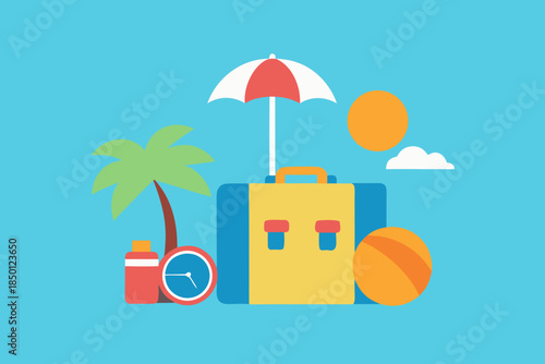 Summer Travel Background Vector Suitcase Palm Tree Globe Sunglasses