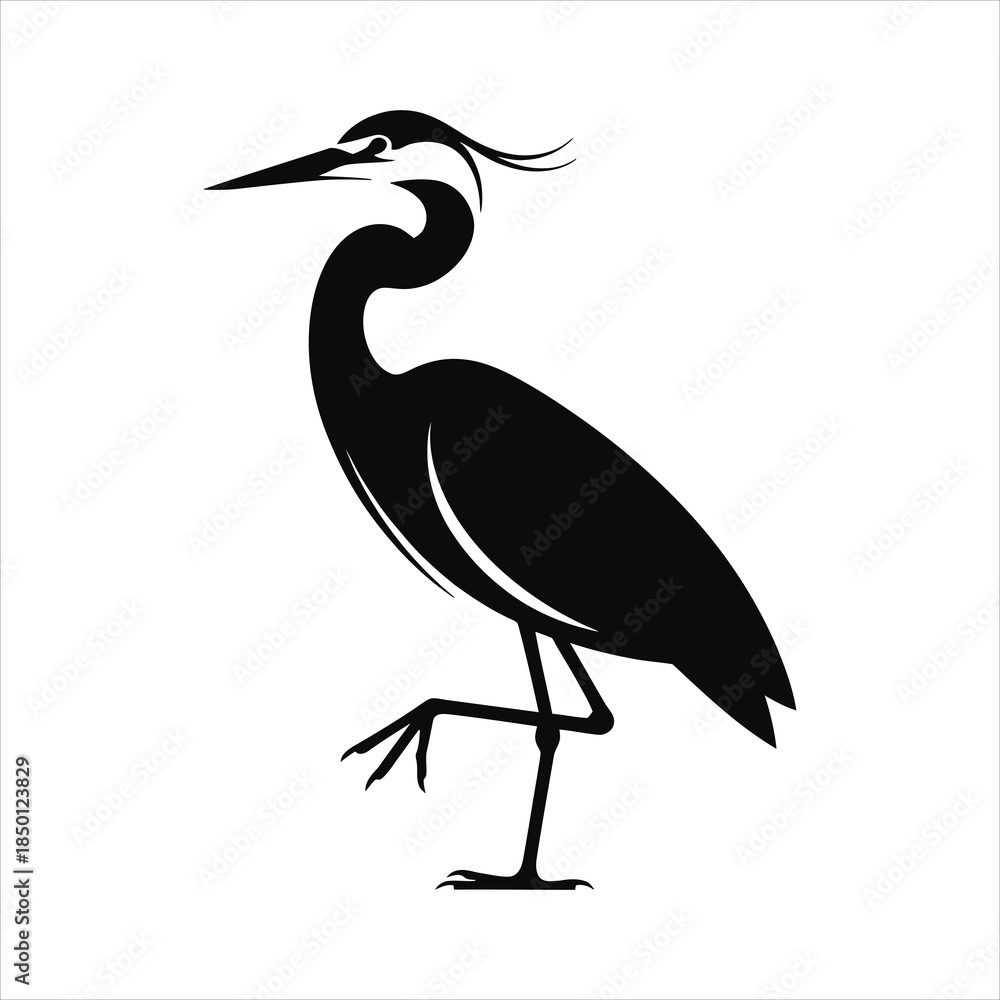 Obraz premium PrintMinimalist black heron silhouette standing on one leg isolated on white background for logo or decorative design
