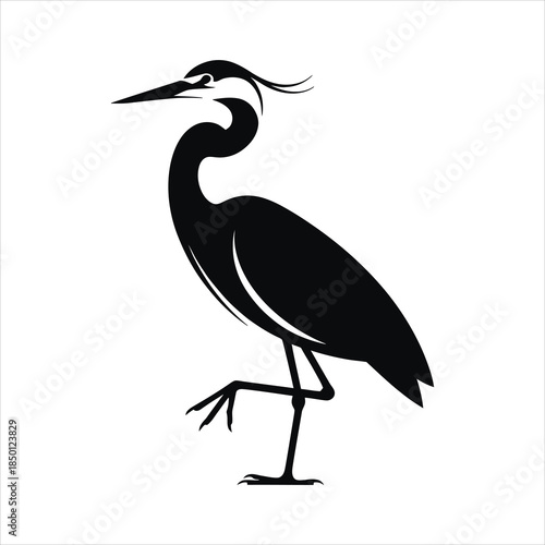 PrintMinimalist black heron silhouette standing on one leg isolated on white background for logo or decorative design