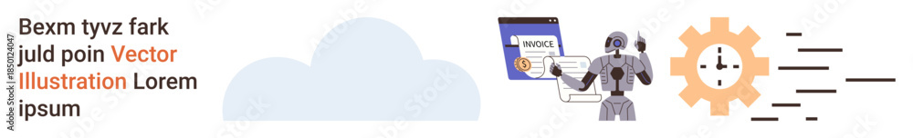 Obraz premium Cloud computing, artificial intelligence, automation, data processing, innovation, technology trends. Robot interacting with a document and a gear. Cloud computing and artificial intelligence