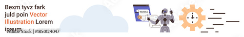 Cloud computing, artificial intelligence, automation, data processing, innovation, technology trends. Robot interacting with a document and a gear. Cloud computing and artificial intelligence