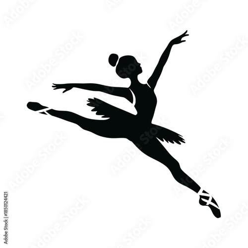 Elegant Ballerina Silhouette in Mid Air Ballet Dance Pose on White Background