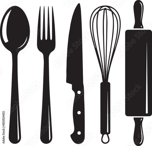 Collection of kitchen utensils in silhouette including spoon fork knife whisk and rolling pin