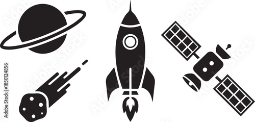 Collection of space icons featuring rocket planet meteor and satellite designs