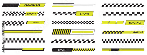 Set of checkered racing and sport banners with yellow accents and stripes