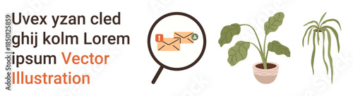 Digital communication, environmental , workplace, organization, virtual tasks, modern life. Magnifying glass focusing on emails and two potted plants. Digital communication and environmental themes