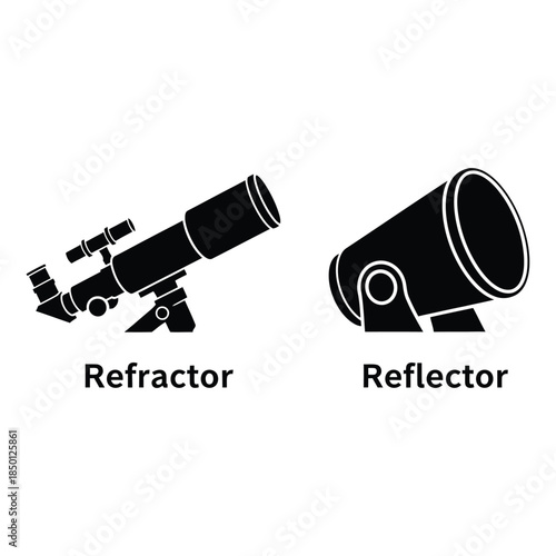 Telescope types silhouette comparison showing refractor versus reflector optical design for astronomy education on white background