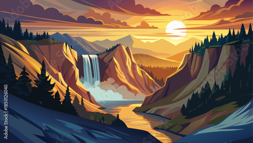 Very beautiful sunset view of the Lower Falls in Yellowstone National Park, Wyoming, where golden light illuminates mist, canyon walls, and the powerful river in dramatic natural harmony.