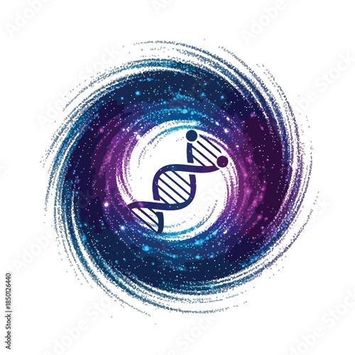 Abstract galaxy swirl silhouette in a modern science branding style representing cosmic motion and futuristic identity on white background