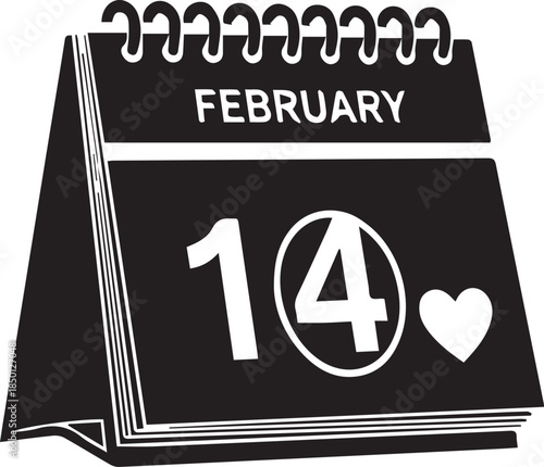 Black and white illustration of a calendar showing february fourteenth with a heart