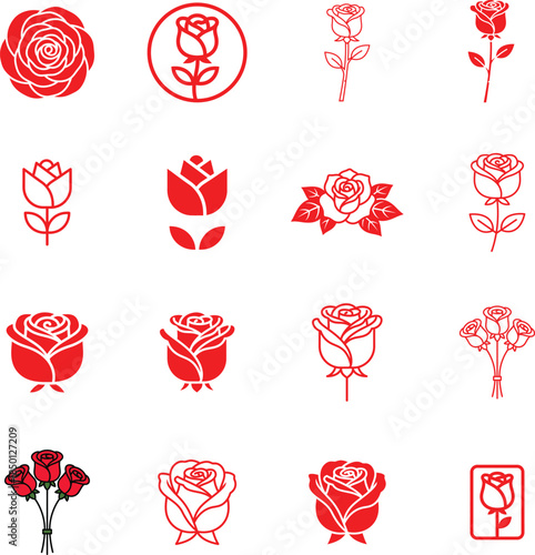A diverse collection of red rose illustrations and icons in various artistic styles