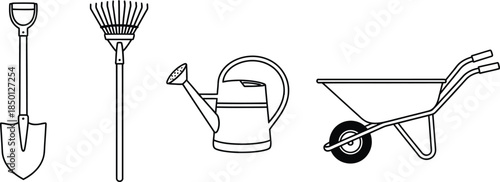 Set of 4 garden tools outline shovel rake watering can and wheelbarrow