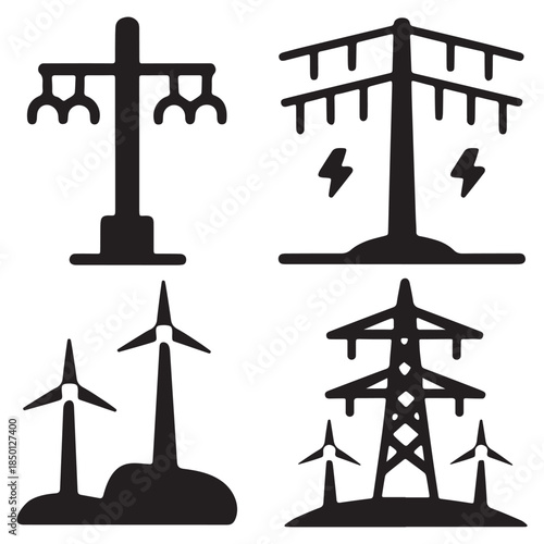 Renewable power generation and electric grid symbol collection. Ideal for renewable projects, energy infographics and sustainable infrastructure designs.