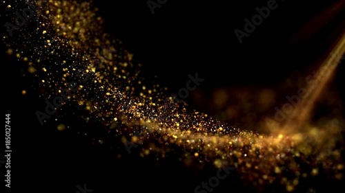 Golden Glitter Background. Gold glittering magic shimmer, glowing golden light sparks and particles flare on black background. Golden glitter light tail, sparkling shining comet trace