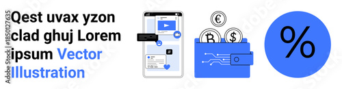 Cryptocurrency, digital payments, fintech, e-commerce, investment, finance. Graphic shows a smartphone with app interface, wallet holding crypto coins and a percentage symbol. Cryptocurrency
