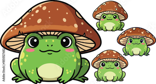 Adorable cartoon frog wearing a large brown mushroom cap as a whimsical forest hat on transparent background
