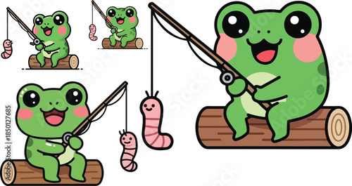 Cute happy cartoon frog character sitting on a log while cheerfully fishing for a worm illustration on transparent background