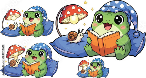 Adorable sleepy frog wearing a polka dot nightcap reading a book near glowing mushrooms on transparent background
