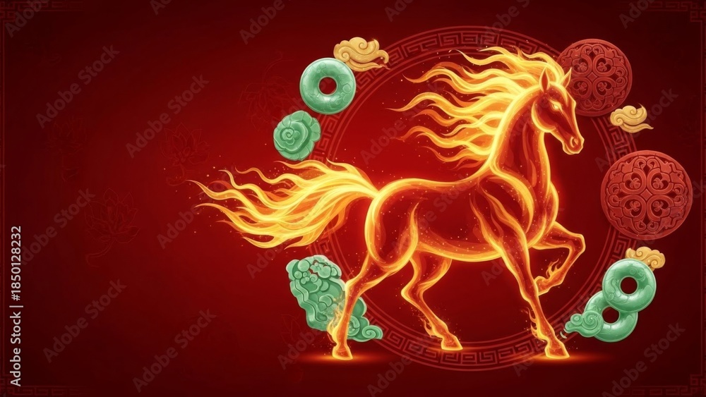Fototapeta premium Vibrant fiery horse in a mythological and energetic scene with traditional
