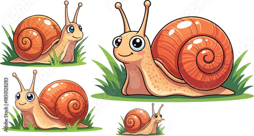 Adorable cartoon snail characters set featuring various sizes crawling happily through green grass illustration on transparent background
