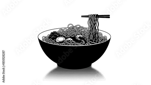 Bowl of noodles with chopsticks illustration.