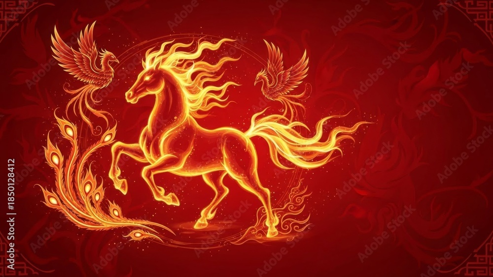 Fototapeta premium Mythical fiery horse with flowing mane and wings in vibrant hues of red and gold