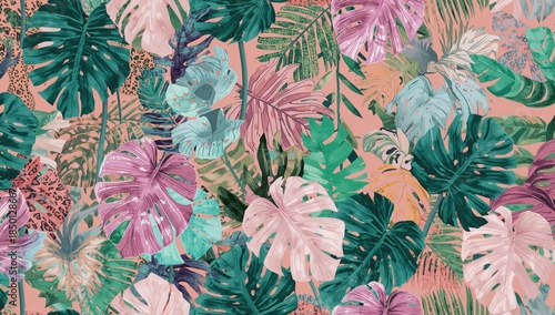 Tropical foliage motif with continuous leaf design for use in surface decoration projects