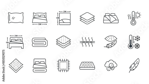 Bedding and mattress icons showing dimensions, temperature, and material